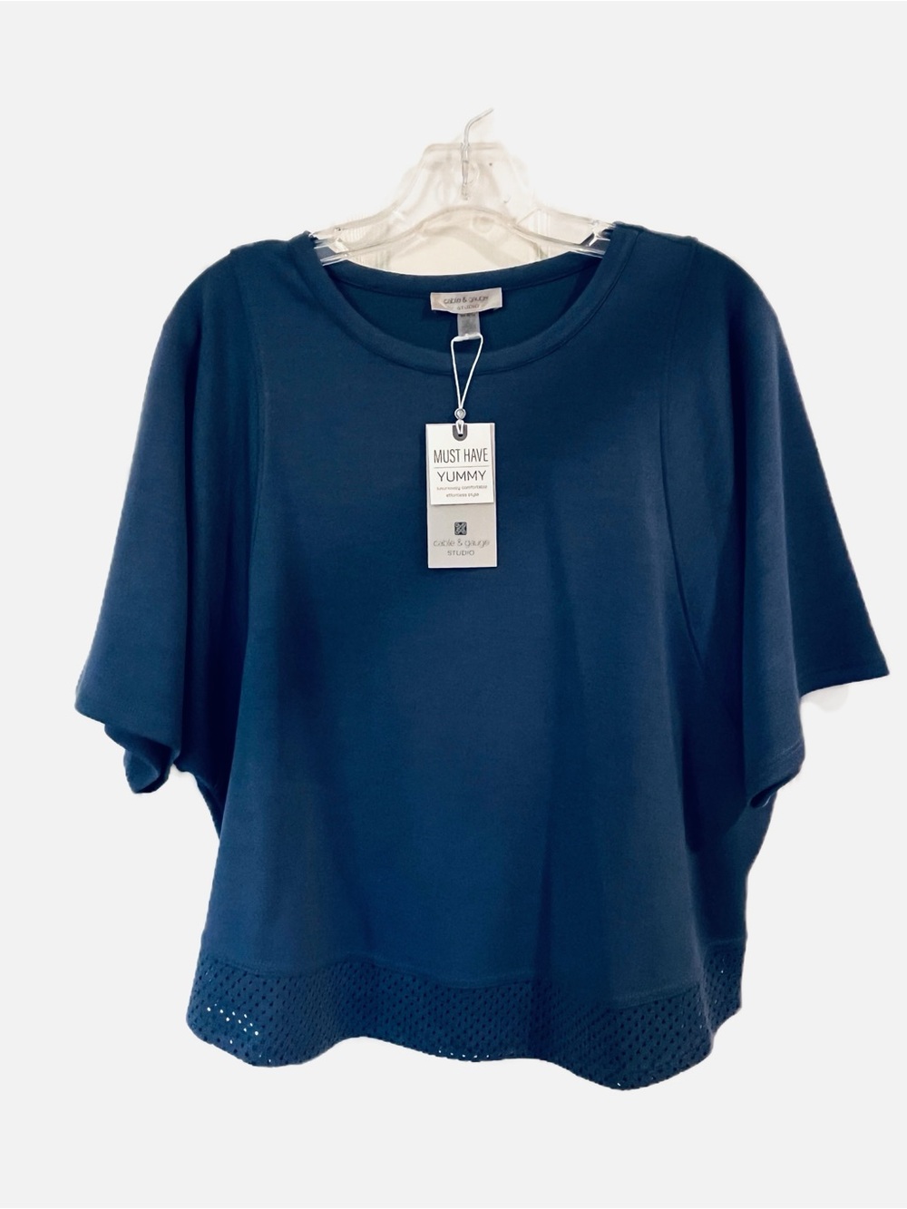 Cable & Gauge Must Have Yummy Soft Navy Short-Sleeve Top with Unique Eyelet Hem